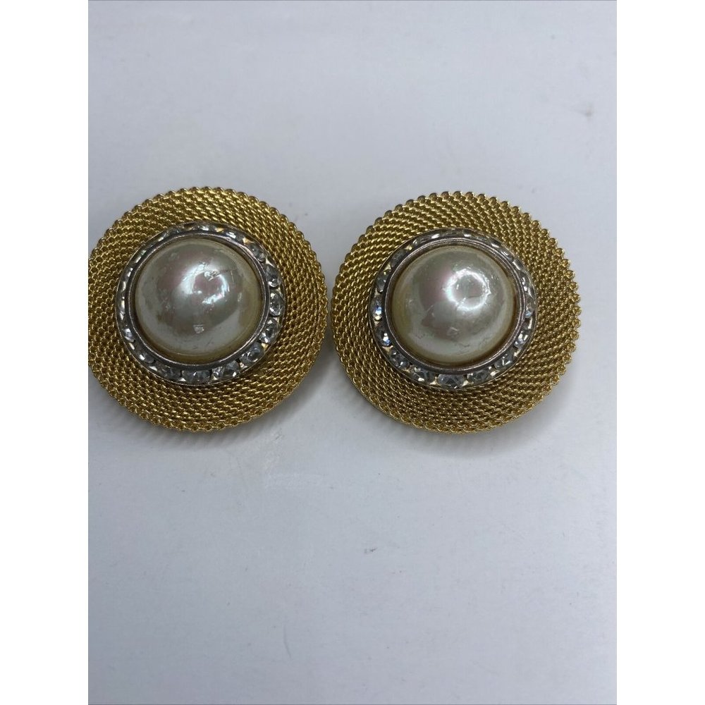 Large Gold Clip On Earrings 1 1/4" Statement Oval Pearl Rhinestone Vintage 80's
